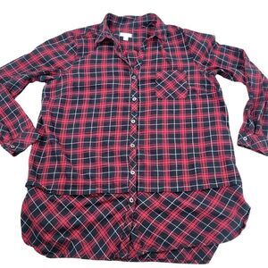 J Jill Tunic Top Womens Large Black Red Plaid Long Sleeve Button Up Blouse